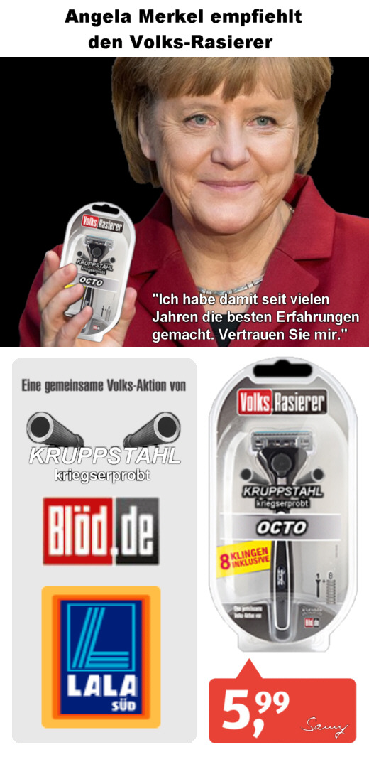 Angela Merkel empfiehlt den Volks-Rasierer - Karikarur: Samy - Creative-Commons-Lizenz Namensnennung Nicht-Kommerziell 3.0