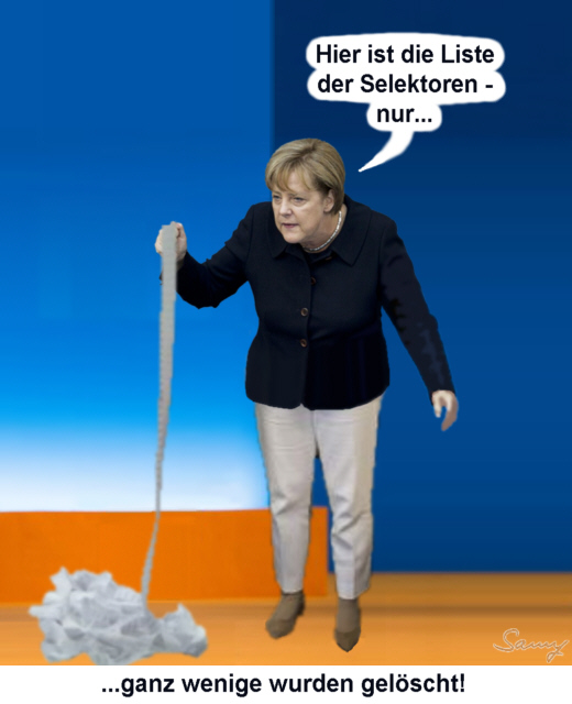 Merkel prsentiert die Selektoren-Liste - Karikatur: Samy