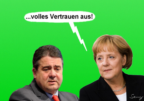 Merkel spricht Gabriel volles vertrauen aus! - Karikatur: Samy
