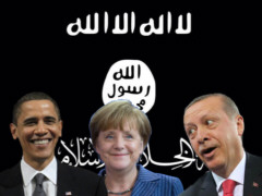 Obama, Merkel und Erdogan vor IS-Flagge - Collage: Samy - Creative-Commons-Lizenz Nicht-Kommerziell 3.0