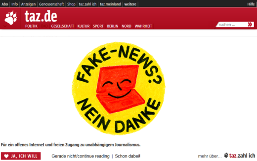 'taz' ohne Fake-News - Screenshot - Creative-Commons-Lizenz Nicht-Kommerziell 3.0