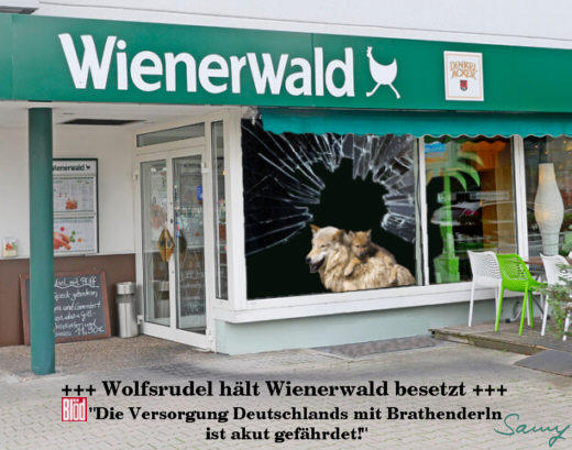 Wolfsrudel hlt Wienerwald besetzt - Karikatur: Samy - Creative-Commons-Lizenz Namensnennung Nicht-Kommerziell 3.0