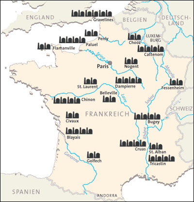 19 französische Atomkraftwerke mit 58 Reaktoren