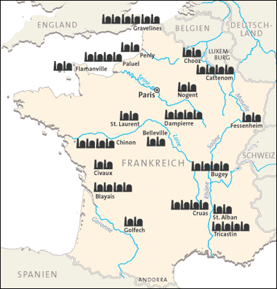 19 franzsische Atomkraftwerke mit 58 Reaktoren