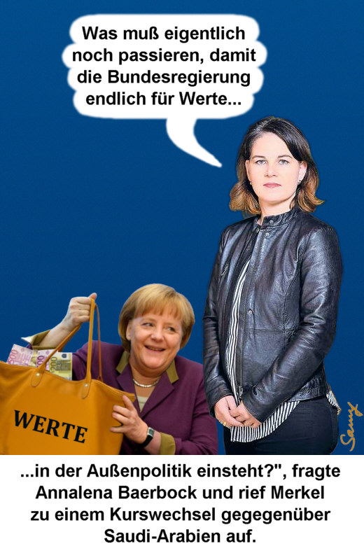 Annalena Baerbock und Merkels Werte - Karikatur: Samy - Creative-Commons-Lizenz Namensnennung Nicht-Kommerziell 3.0