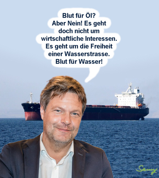 Robert Habeck: Blut fr l? Nein, Blut fr Wasser! - Karikatur: Samy - Creative-Commons-Lizenz Namensnennung Nicht-Kommerziell 3.0