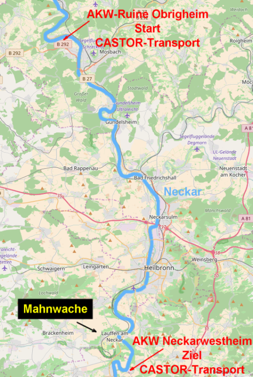 Karte Neckar-CASTOR, Mahnwache Laufen - Grafik: RN - Creative-Commons-Lizenz Namensnennung Nicht-Kommerziell 3.0