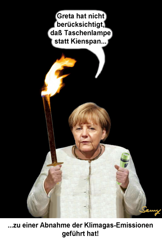 Merkel leuchtet Greta heim - Grafik: Samy - Creative-Commons-Lizenz Namensnennung Nicht-Kommerziell 3.0