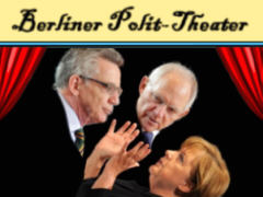 Merkel, de Maiziere und Schäuble auf der Bühne des Polit-Theaters Berlin - Grafik: Samy - Creative-Commons-Lizenz 'Namensnennung 3.0 nicht portiert'