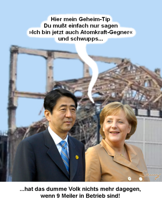 Geheim-Tip Merkels für Shinzo Abe - Karikatur: Samy