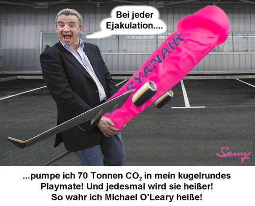 Michael O'Leary und seine Prothese - Karikatur: Samy - Creative-Commons-Lizenz Namensnennung Nicht-Kommerziell 3.0