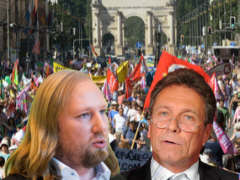 Anton Hofreiter und Klaus Ernst als Hauptredener beim G7-Protest in München, 2015 - Collage: Samy