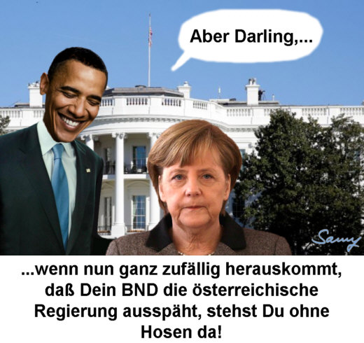 Wie Obama 2013 Merkel zum Schweigen brachte - Karikatur: Samy - Creative-Commons-Lizenz Namensnennung Nicht-Kommerziell 3.0
