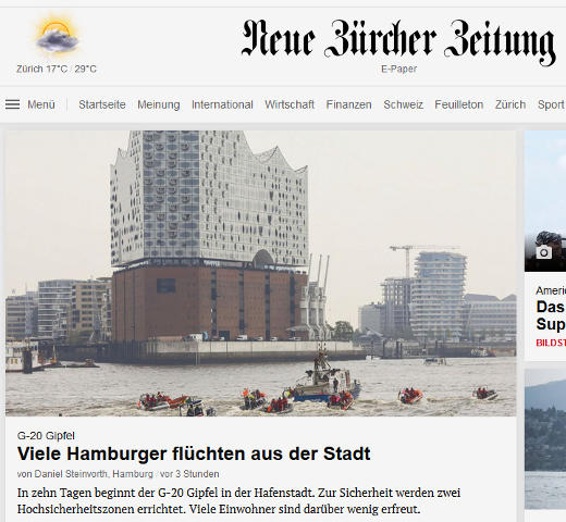 Realsatire - NZZ: Flucht aus HH wegen G20 - Grafik: Screenshot - Creative-Commons-Lizenz Nicht-Kommerziell 3.0