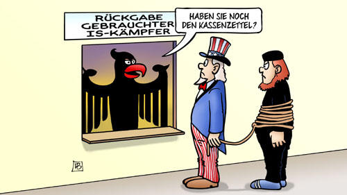 IS-Kämpfer und Kassenzettel - Karikatur: Harm Bengen