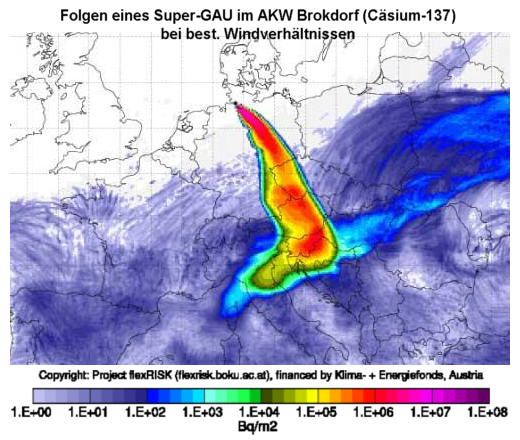 Folgen eines Super-GAU im AKW Brokdorf, Csium-137 - Grafik: ProjektFLEXRISK - Creative-Commons-Lizenz Namensnennung Nicht-Kommerziell 3.0