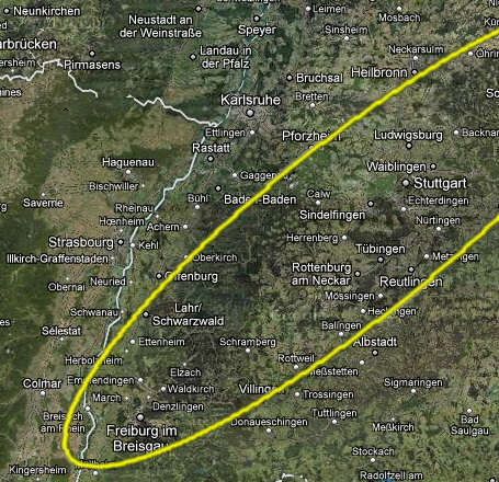 Katastrophen-Gebiet bei einem Super-GAU im AKW Fessenheim