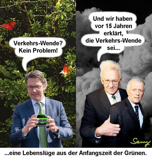 Scheuer, Kretschmann, Kuhn und die Verkehrs-Wende 2019 - Grafik: Samy - Creative-Commons-Lizenz Namensnennung Nicht-Kommerziell 3.0