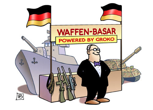 Waffenbasar powered by GroKo - Karikatur: Harm Bengen