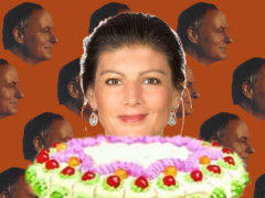 Sahra Wagenknecht und das Idol Lafontaine mit Torte - Collage: Samy - Creative-Commons-Lizenz Nicht-Kommerziell 3.0